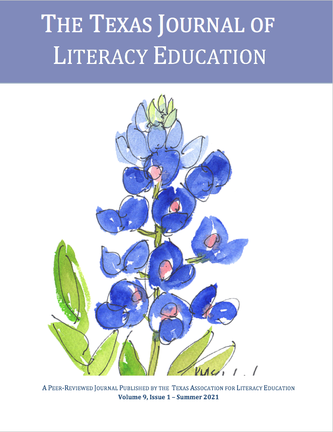 Cover image of this issue of Texas Journal of Literacy Education with a watercolor image of bluebonnets