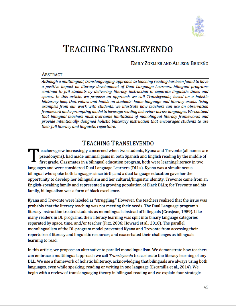 First page of article "Teaching Transleyendo"