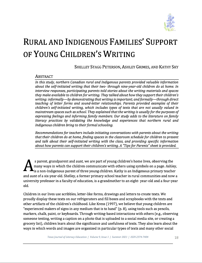 First page of article "Rural and Indigenous Families' Support of Young Chlldren's Writing"