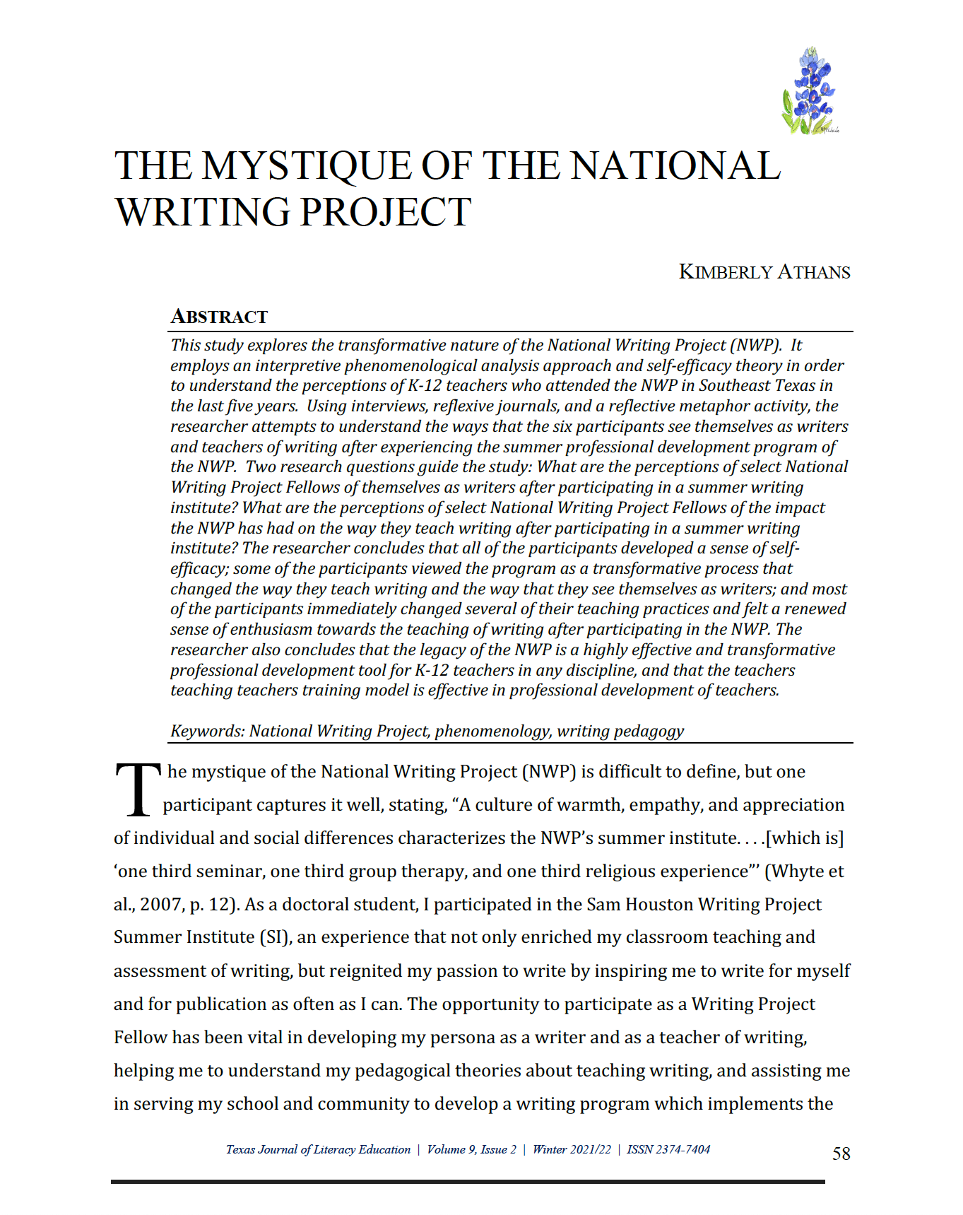 screenshot of first page of Athans article "The Mystique of the National Writing Project"
