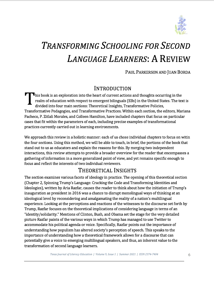 First page of the book review "Transforming Schooling for Second Language Learners: A Review"