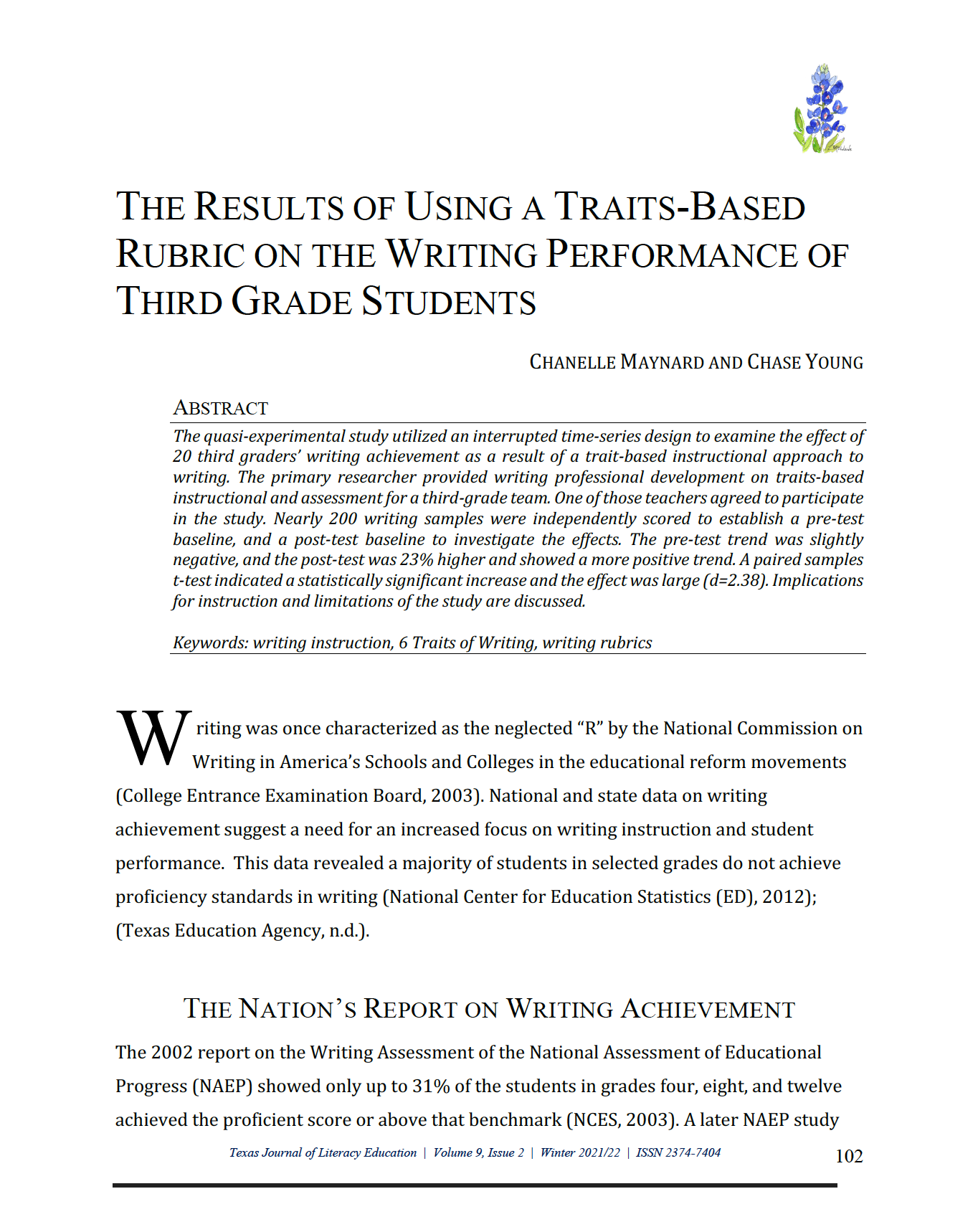 screenshot of first page of Maynard & Young article "The Results of Using a Traits-Based Rubric on the Writing Performance of Third Grade Students"